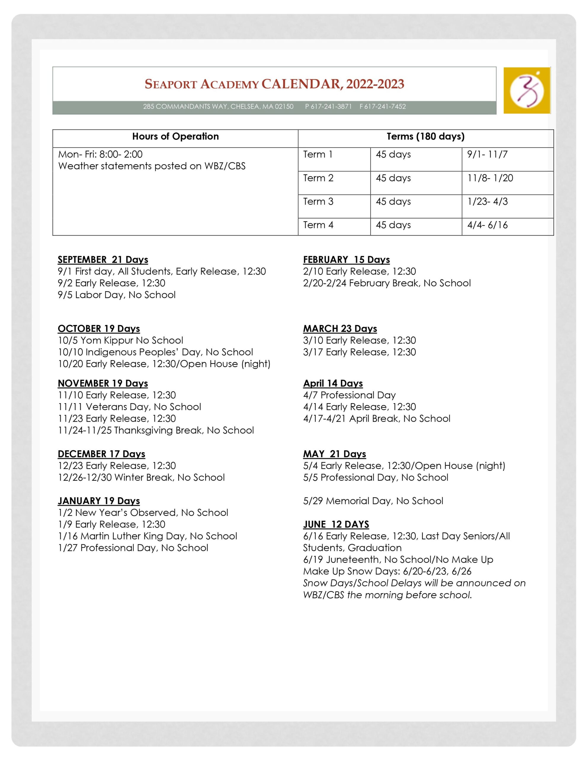 Seaport Academy 2022-23 School Calendar